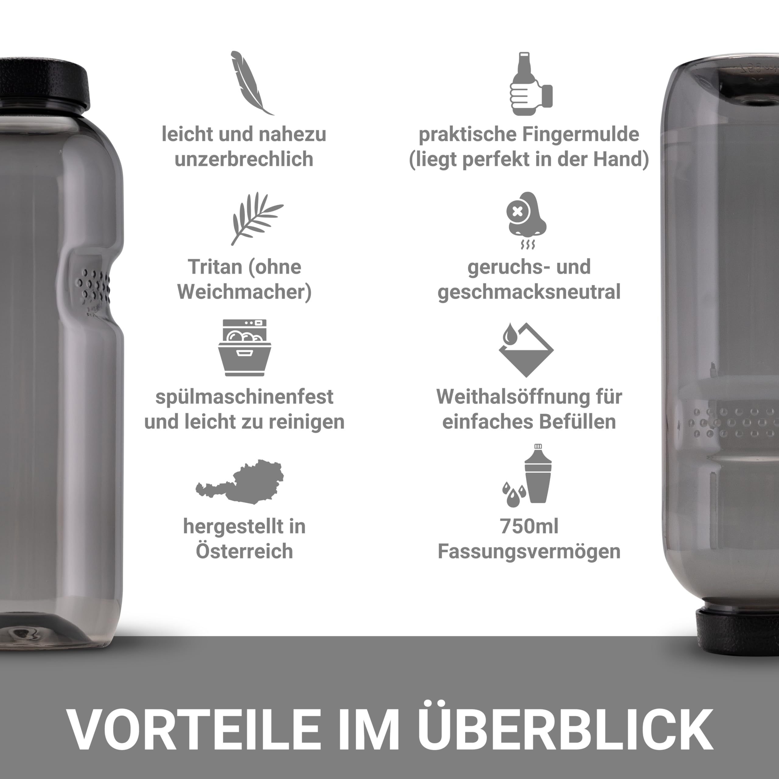 Kavodrink 50 x Tritan Trinkflasche 0,75L Wasserflasche schwarz Sportflasche BPA frei Flasche 750ml