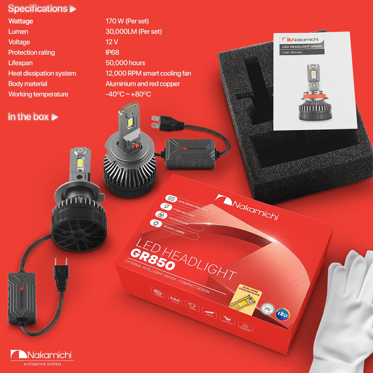 Nakamichi GR850 Serie, Bombillas LED de Repuesto, 30,000 Lúmenes, 170W por Conjunto, Blanco Frío Súper Brillante, Plug & Play, Luces de Cruce y Carretera, Lote de 2 4300K, H1