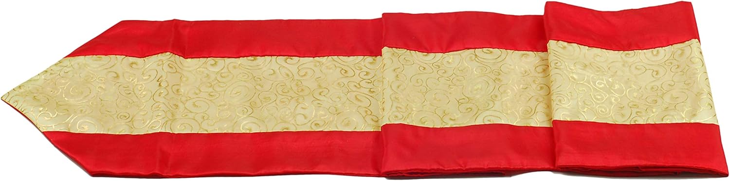 Table/Bed Runner, Silk Blend, Red & Ivory, Gold Brocade Overlay, 13" x 78"