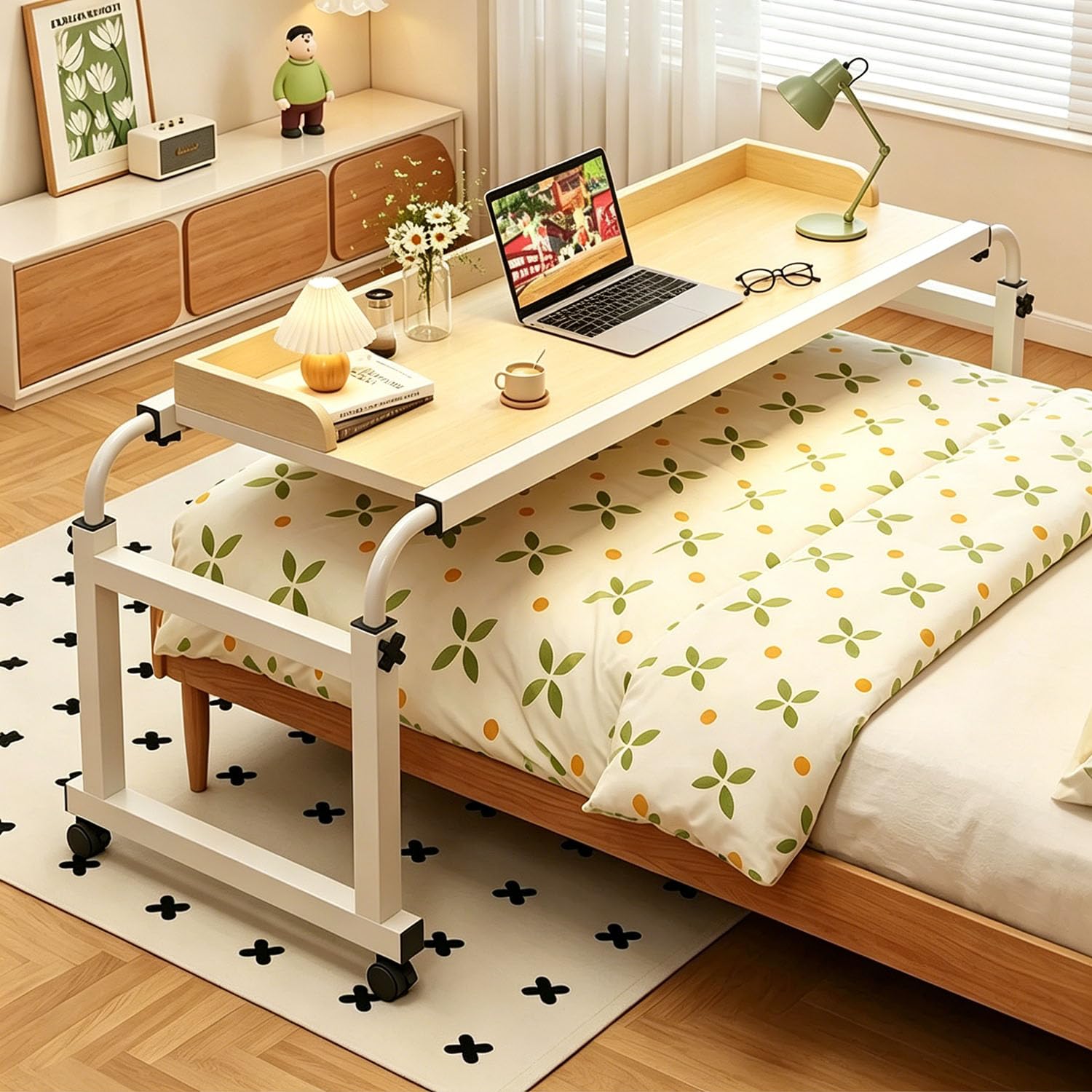 GXQFC Rolling Overbed Computer Desk with Lockable Wheels, Height Adjustable Cross Bed Table with Baffle, Mobile Breakfast Tray Table for Working, Dining & Hospital Care(Color:Wood)