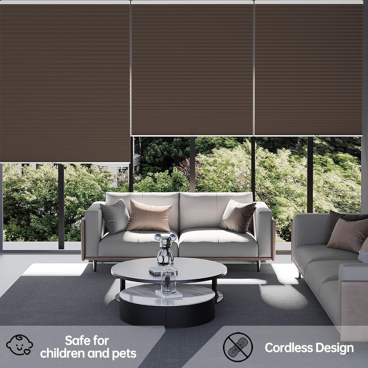 Cellular Shades Blackout Honeycomb Blinds for Indoor Windows, Cordless Cellular Shades 1.5 inch Cell Pleated for Bedroom Home Office, Custom Size, Blackout Brown