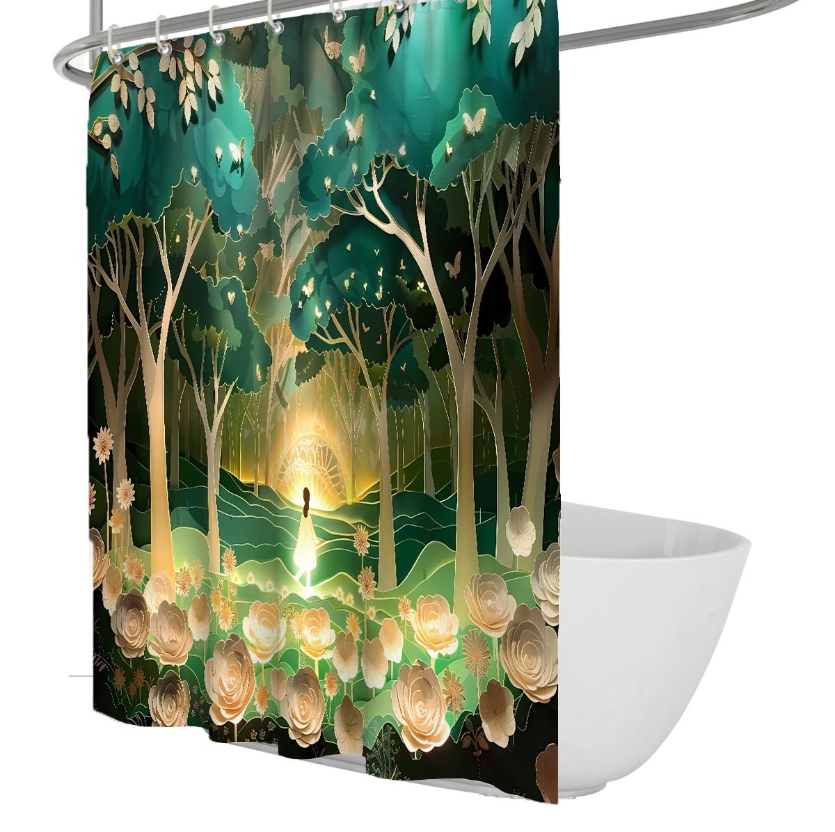 Rideau de Douche Tissu Paysage Jardin Style Conte 180 x 180 cm