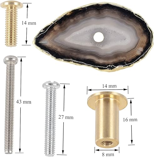 Miniatura 4 de Rockcloud Perillas de ágata negra para cajón de armario, tiradores para armario de aparador, rebanada teñida con pomos de borde chapados en oro para