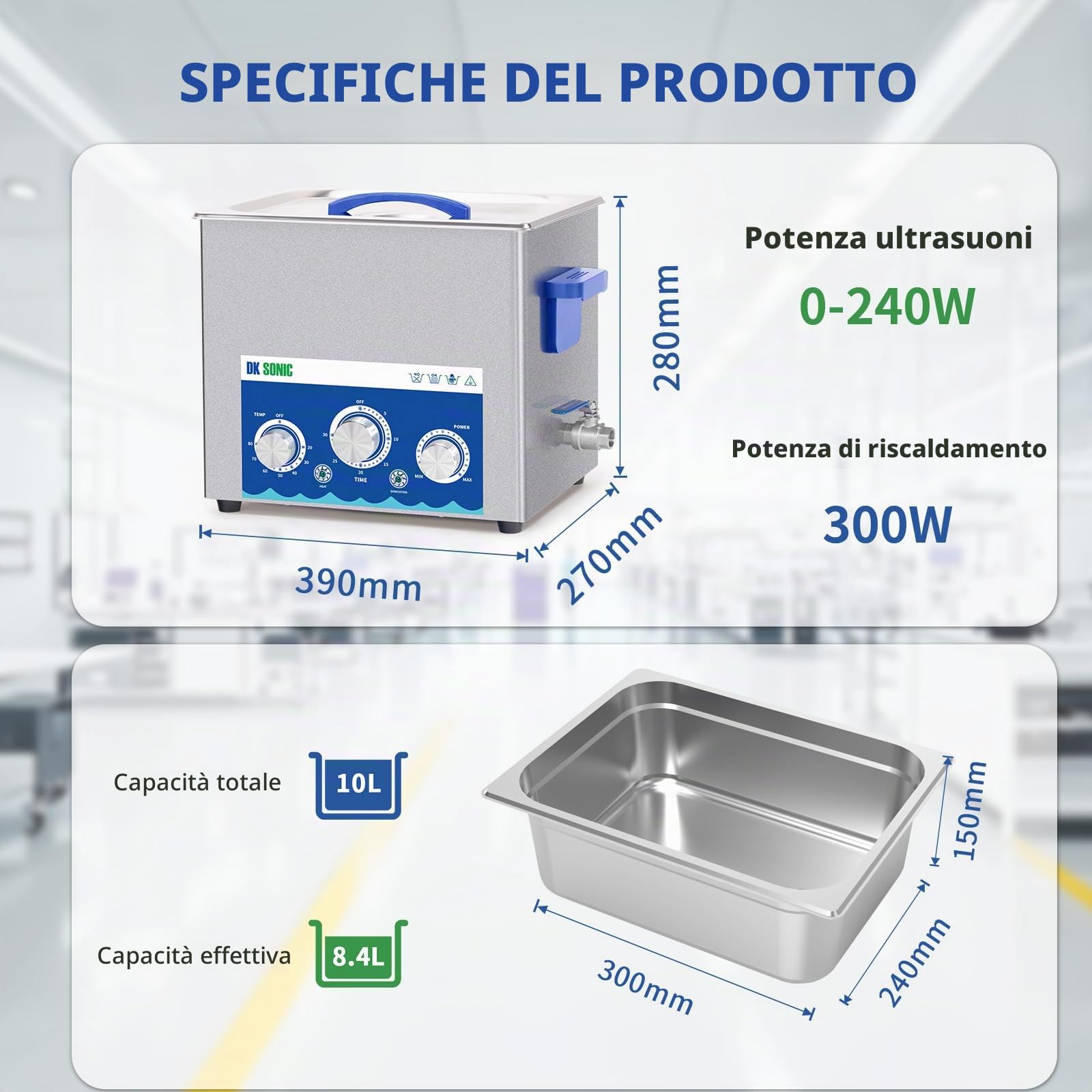 DK SONIC Pulitore ad Ultrasuoni 10L 240W con Funzione di Regolazione Della Potenza, Timer e Riscaldatore per Parti, Schede Elettroniche, Pulizia Catene (Cestello Incluso)