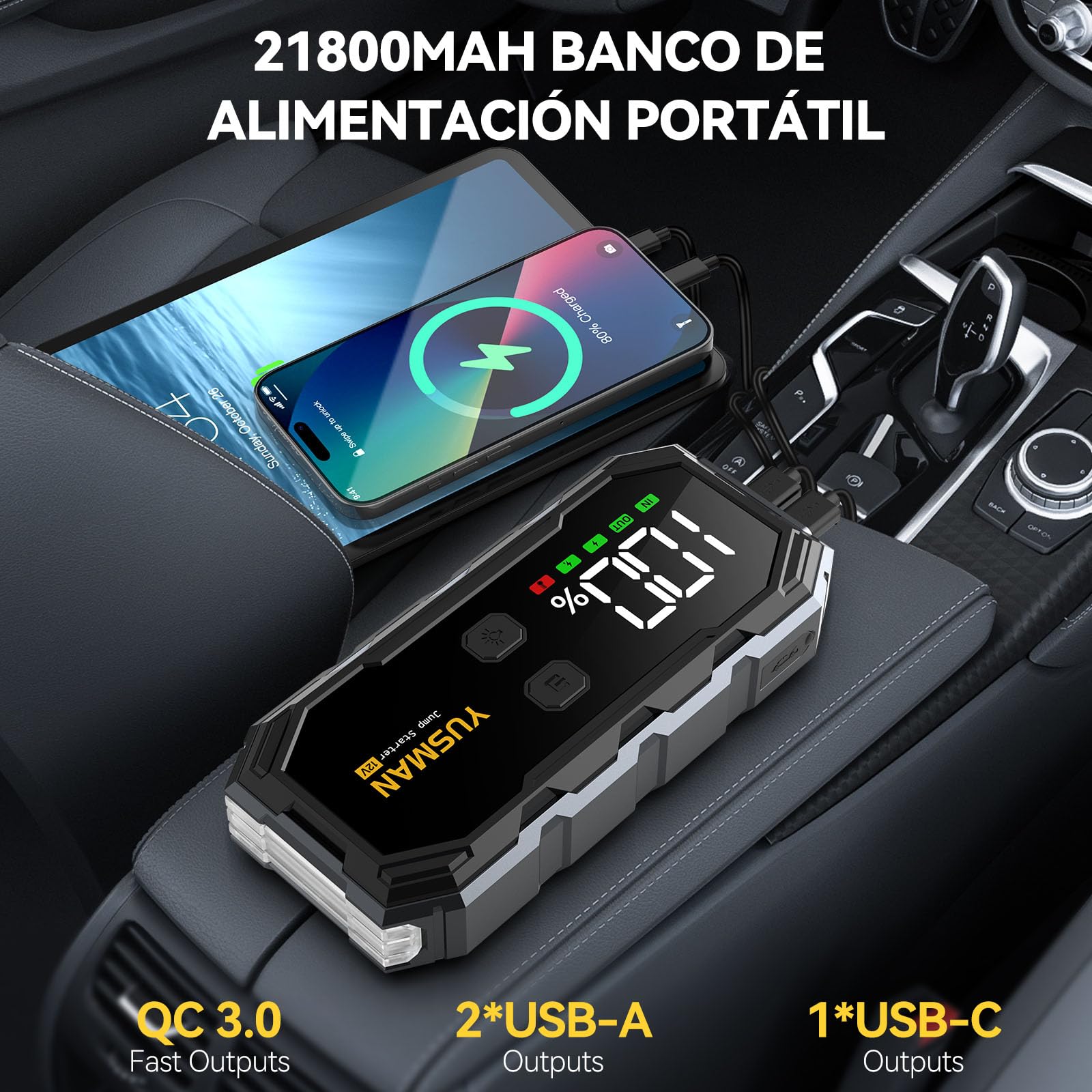 YUSMAN Arrancador de Coche,7000A Arrancador de Baterias de Coche,12V Arrancador de Portátil con para All Gasolina o 10L Diesel, Linterna LED de Emergencia,Carga Rápida, Pantalla LCD Extragrande