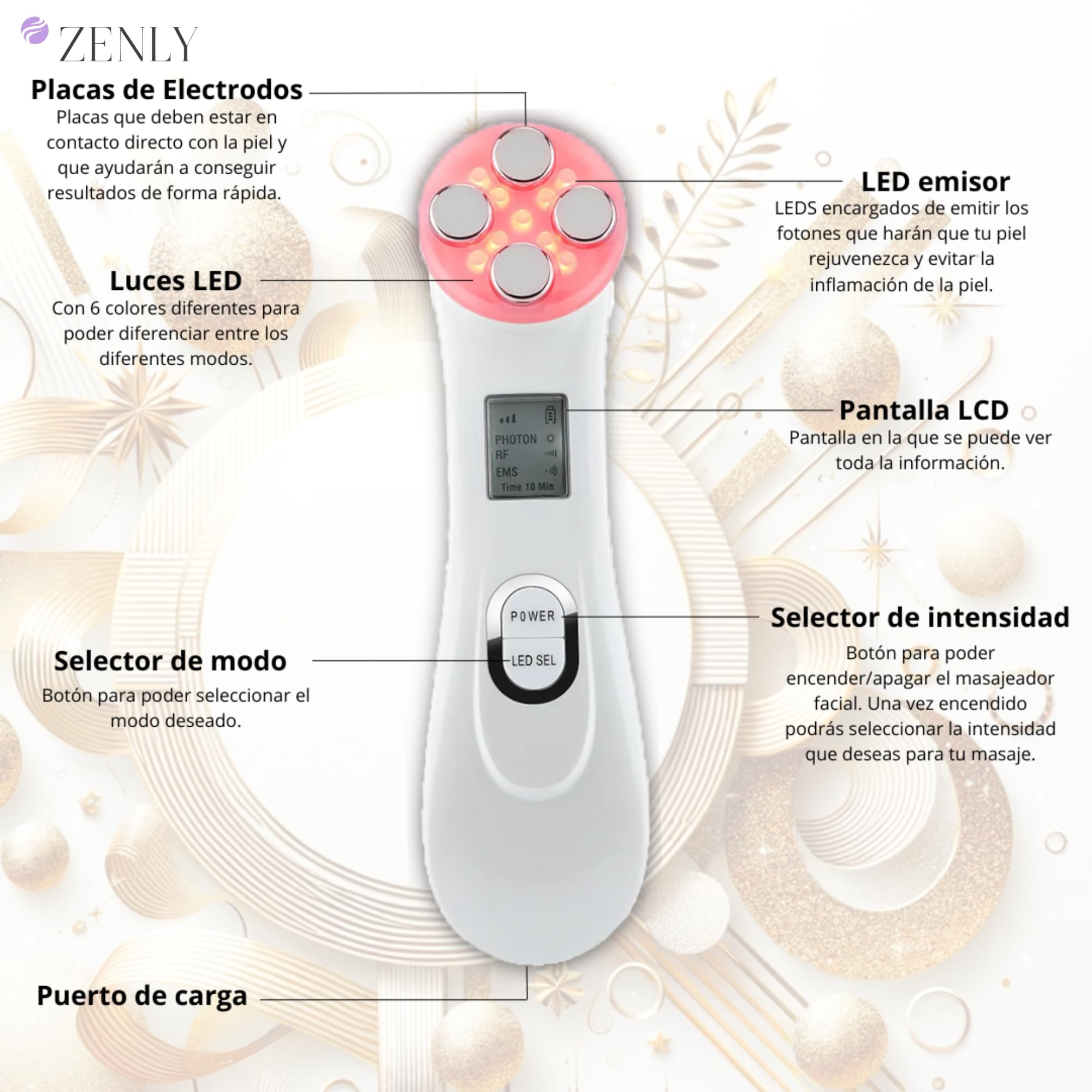 ZENLY Masajeador Radiofrecuencia Facial Multifuncional Profesional 6 en 1 - Tratamiento Antiarrugas, Lifting, Limpieza Profunda con Tecnología EMS y Luz LED para Piel Radiante, Rejuvenece y Tonifica