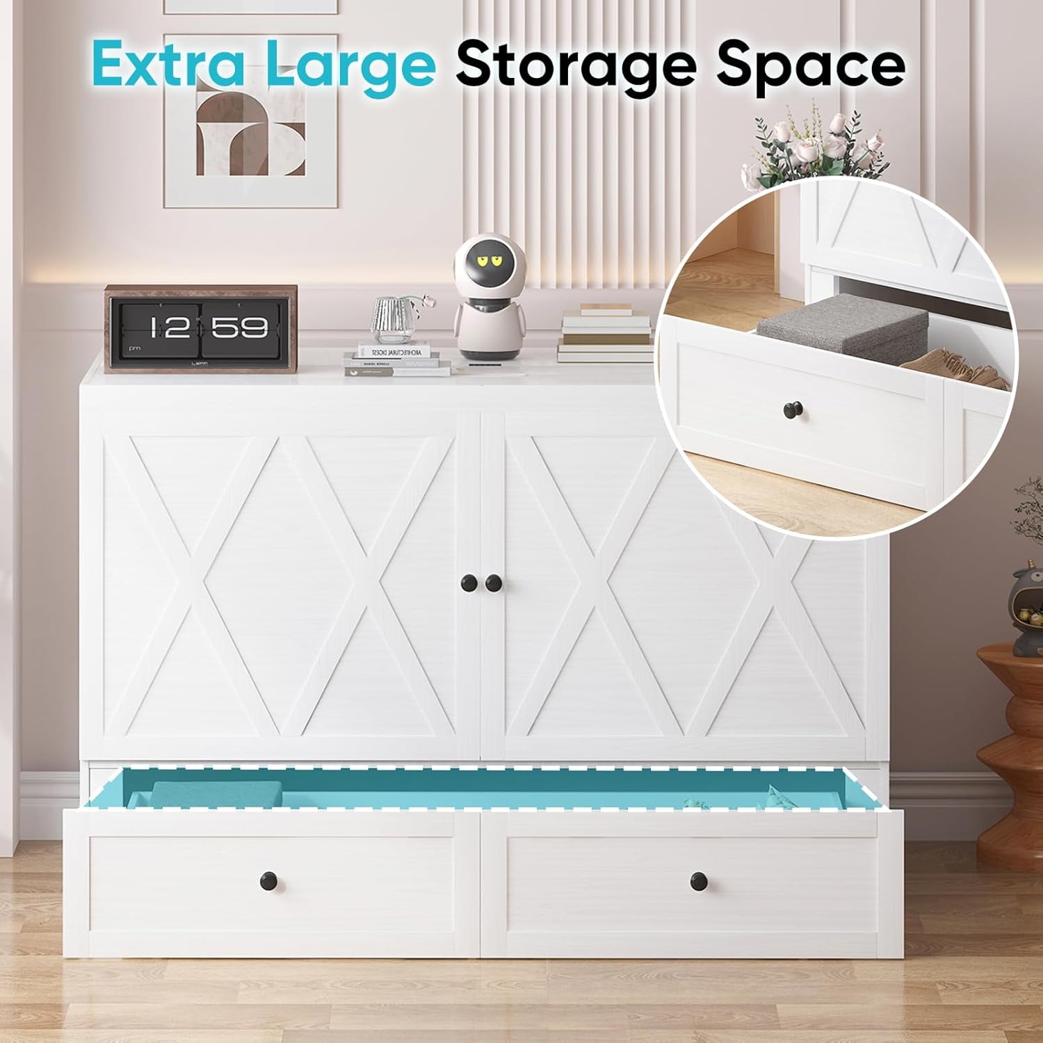 CECER Queen Size Murphy Bed with Tri-Folding Mattress，Murphy Bed with Charging Station and Two Large Storage Drawers for Small Spaces/Bedroom（White）-Mattress Include