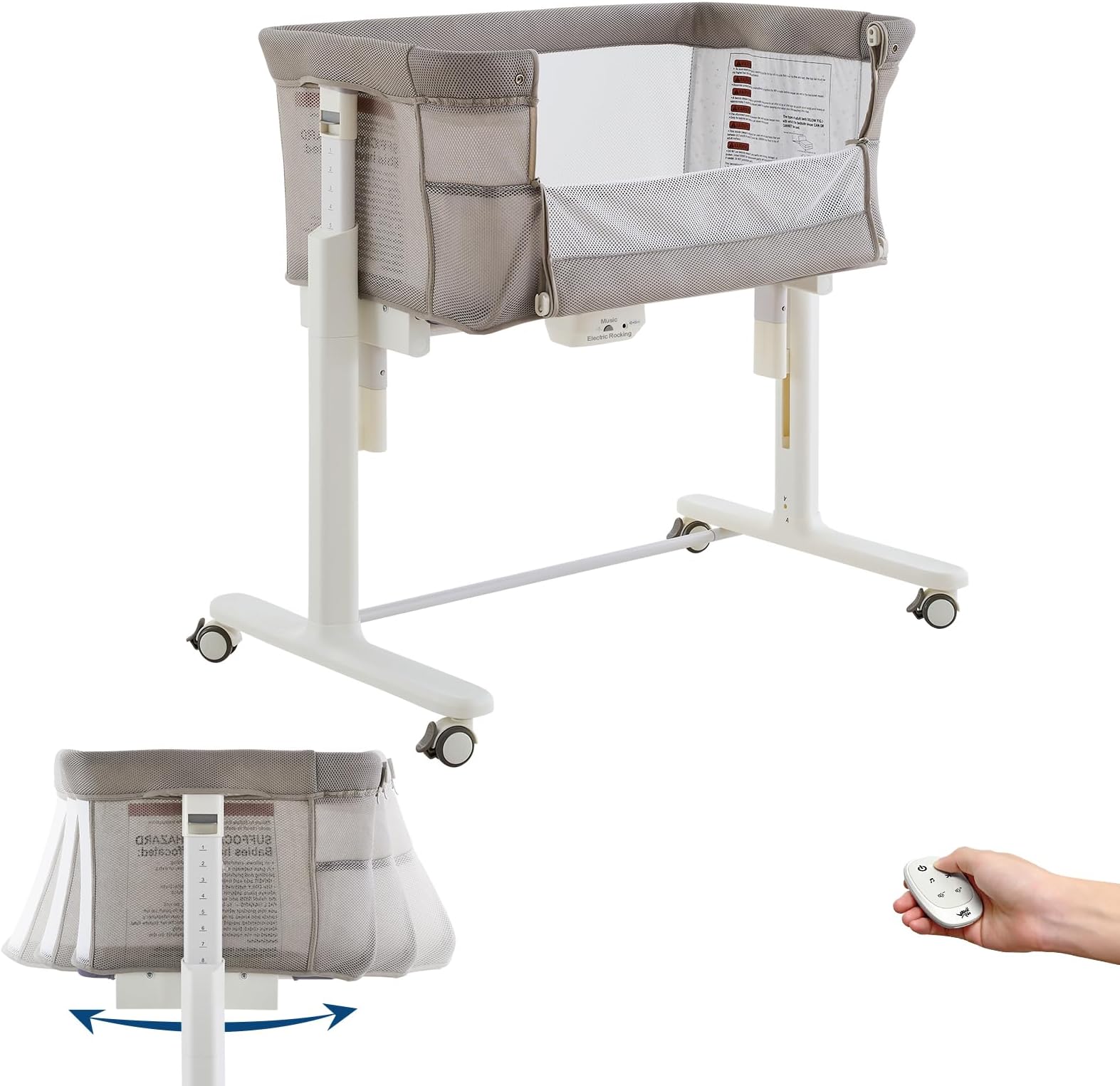 VaVaSoo Rocking Bassinet for Baby Automatic Bedside Crib Electric Baby Cradle 5 Heights Adjustable Bedside Sleeper for Infant Smart Auto Rocking Crib 3 in 1 Bassinet on Wheels, Light Grey