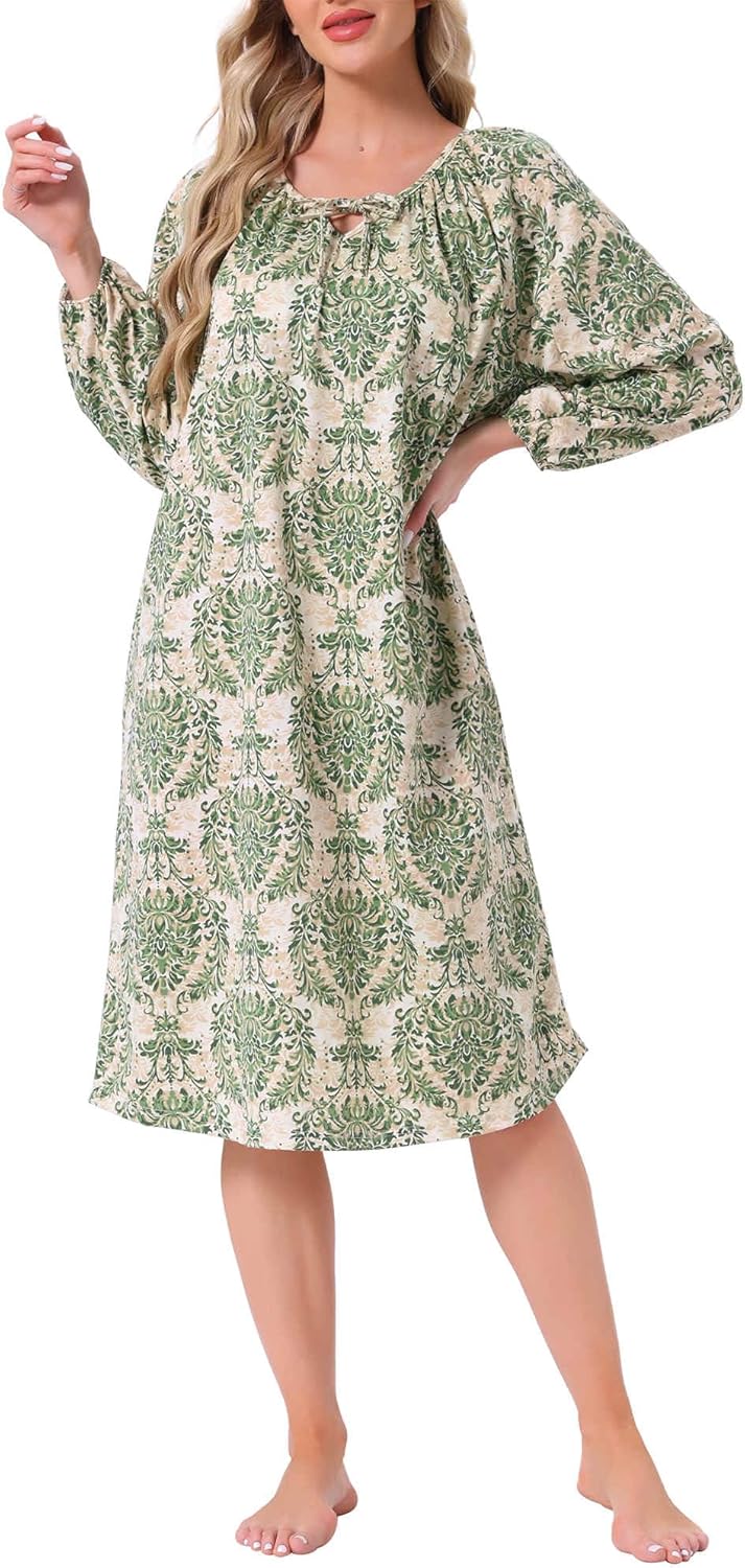 cheibear Womens Nightgown Long Sleeve Sleepwear Round Neck Tie Front Loungewear Nightshirt with Pocket