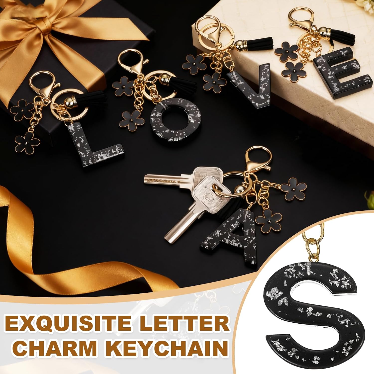 PATIKIL Alphabet Initial Letter Keychain, Resin Cute Keychains with Tassel Flower Pendant Charm for Women Key Purse Bags image 4