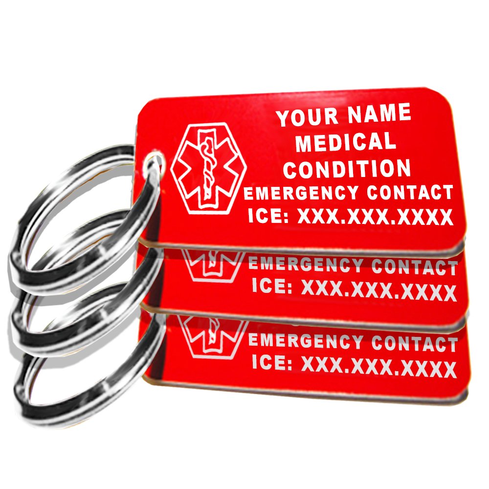 My Identity Doctor - Custom Engraved Medical Alert ID Keychain Tags, Plastic, Rectangle, Red, Small 2.25 x .79 Inch, 3 Pack