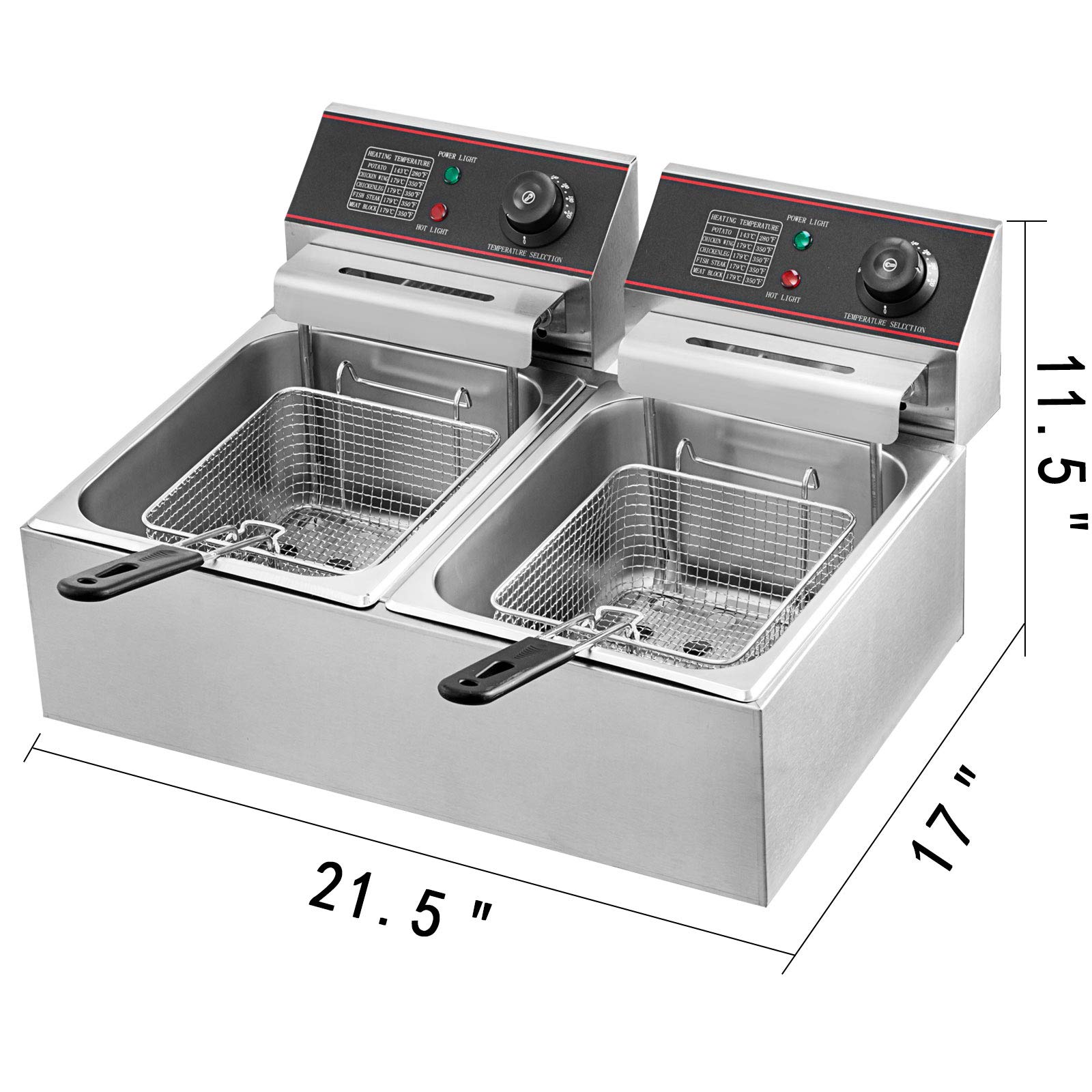 Freidora 12L Eléctrica INOX, Freidora Comercial de Acero Inoxidable, Doble Depósito 5000W