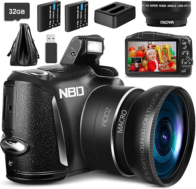 NBD Appareil Photo numérique vlogging 4K, Appareil Photo 48mp, Carte SD 32gb, Zoom numérique 16x