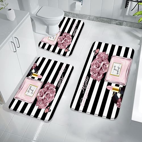 Miniatura 5 de Juego de 3 alfombras de baño, color rosa, perfume, flor, tapete de baño con diseño de flores de Hello Gorgeous lápiz labial, maquillaje a la moda,