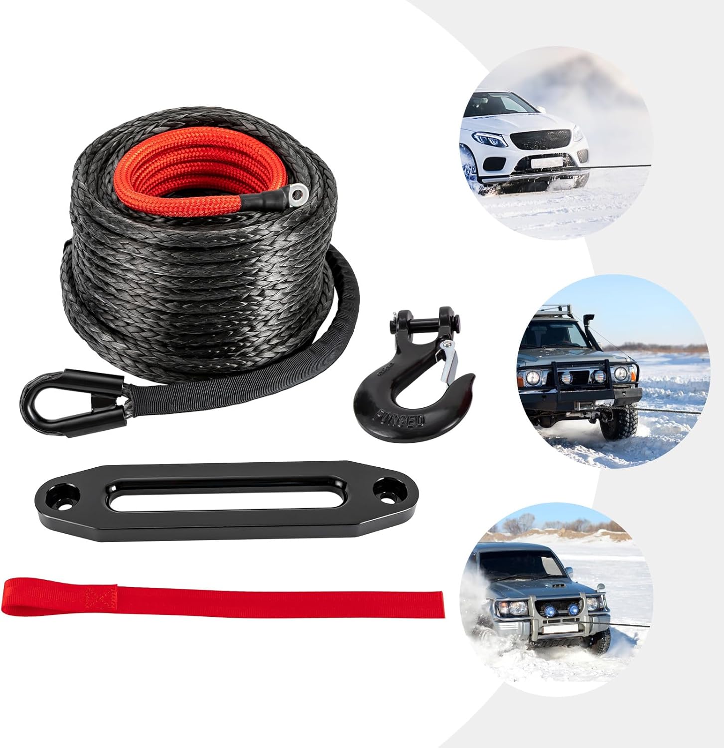 Synthetic Winch Rope Cable Kit, 3/8" X 100 Ft 23809lbs Winch Line Cable W/Protective Sleeve, Winch Fairlead & Hook for 4wd Off Road Vehicle Truck SUV ATV Utv (Black)