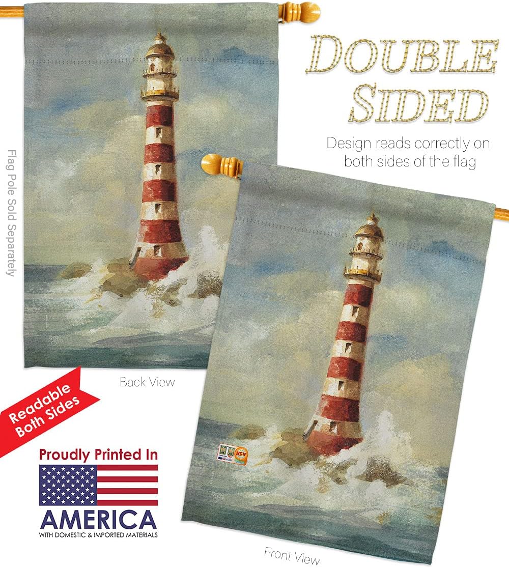 Lighthouse by the Sea House Flag Dowel Set Coastal Nautical Anchor Sailor Shells Outdoor Summer Ocean Small Decorative Gift Yard Banner Double-Sided Made In USA 28 X 40