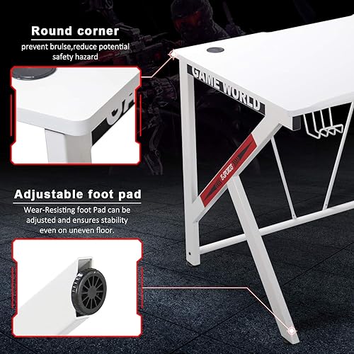Miniatura 6 de Escritorio para juegos de 42 pulgadas, escritorio blanco para computadora en casa con soporte para tazas y gancho para auriculares, estación de