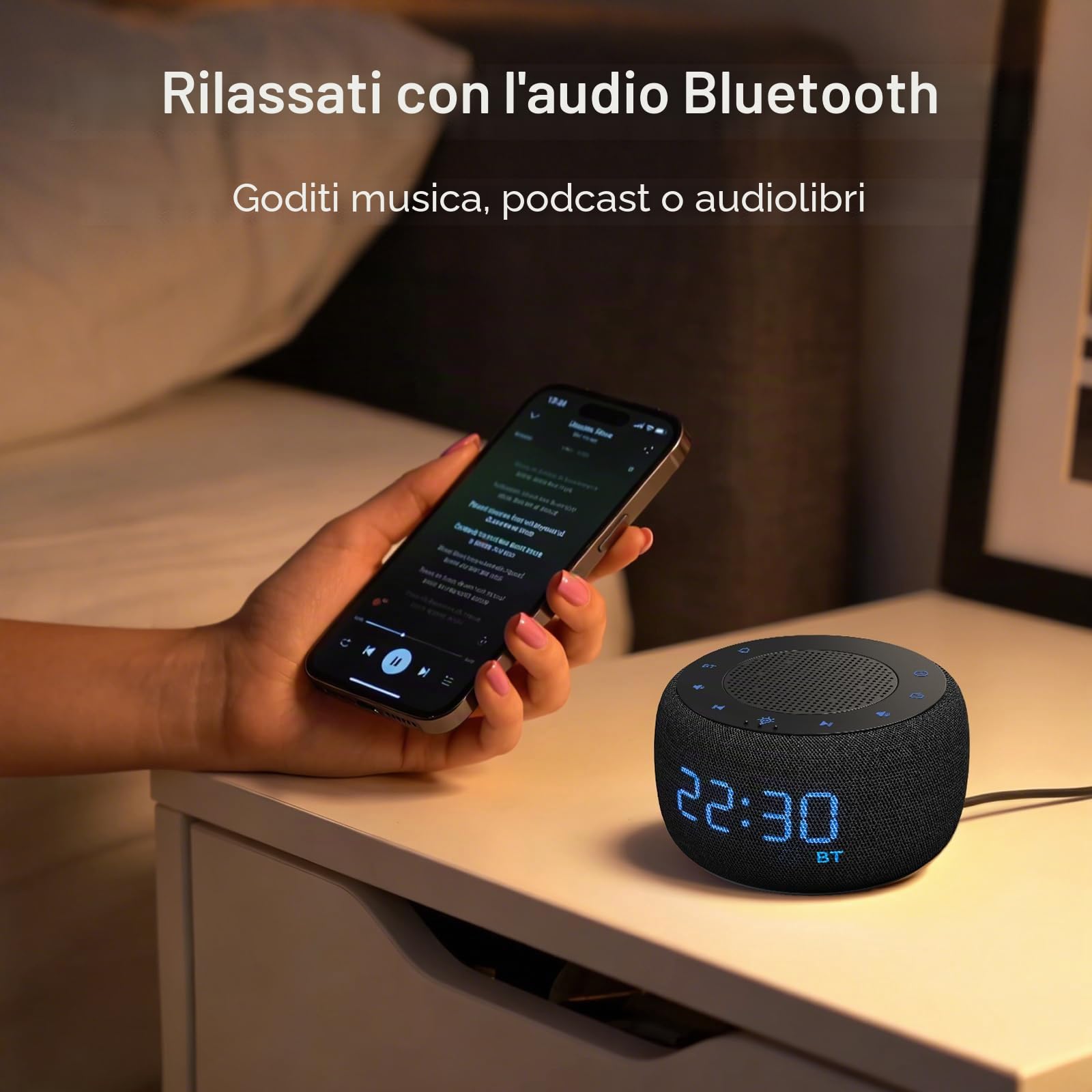 DOUMOSH Radiosveglia con Bluetooth, sveglia digitale con display dimmerabile 0-100%, luce notturna colorata per camera da letto
