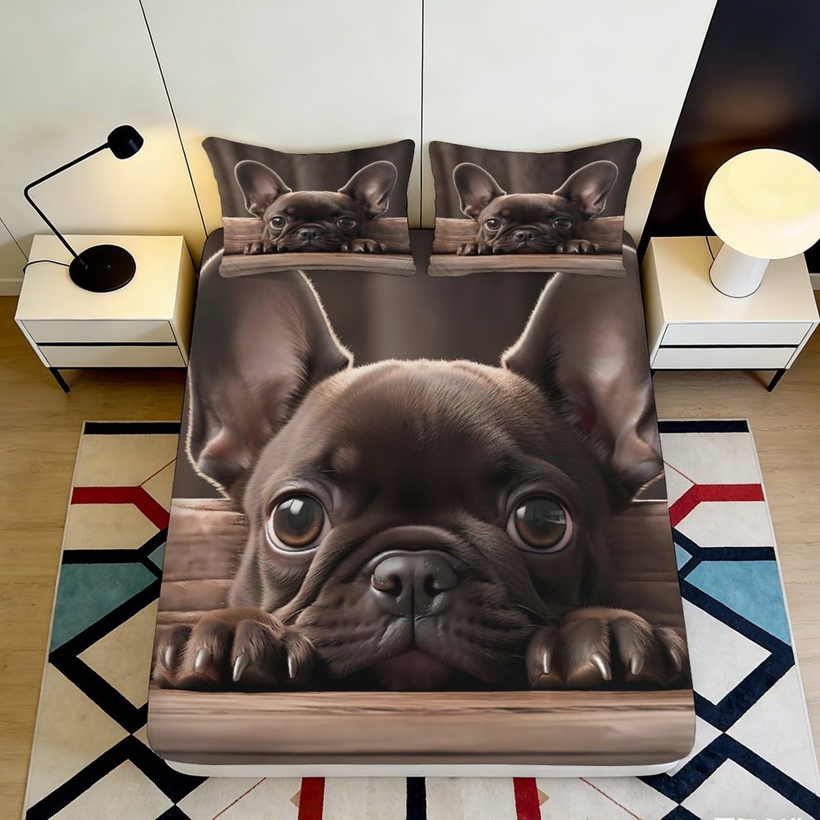 3D Printed French Bulldog Fitted Sheet Microfiber Anti-Slip Dog Bed Sheet for Bedroom Guest Room Mattress Decor 90x200x25cm