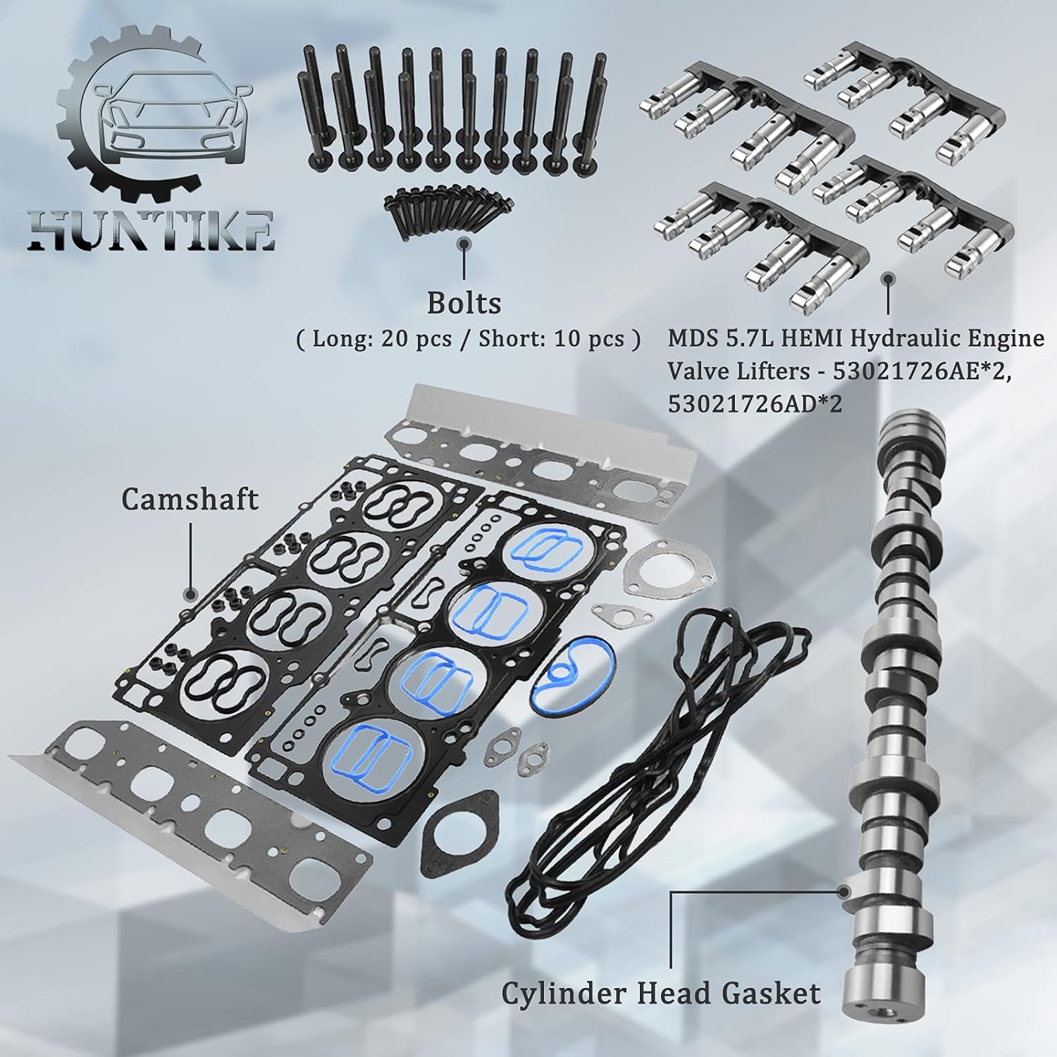 MDS 5.7L Hemi Camshaft Lifters Kit for Chry-sler 300 Jee-p Grand Cherokee Do-dge Ram 1500 Durango Charger 2009-2013 - Valve Lifter, Camshaft, Gasket, Bolt Part# 53021726AE ES72200 HS26423PT