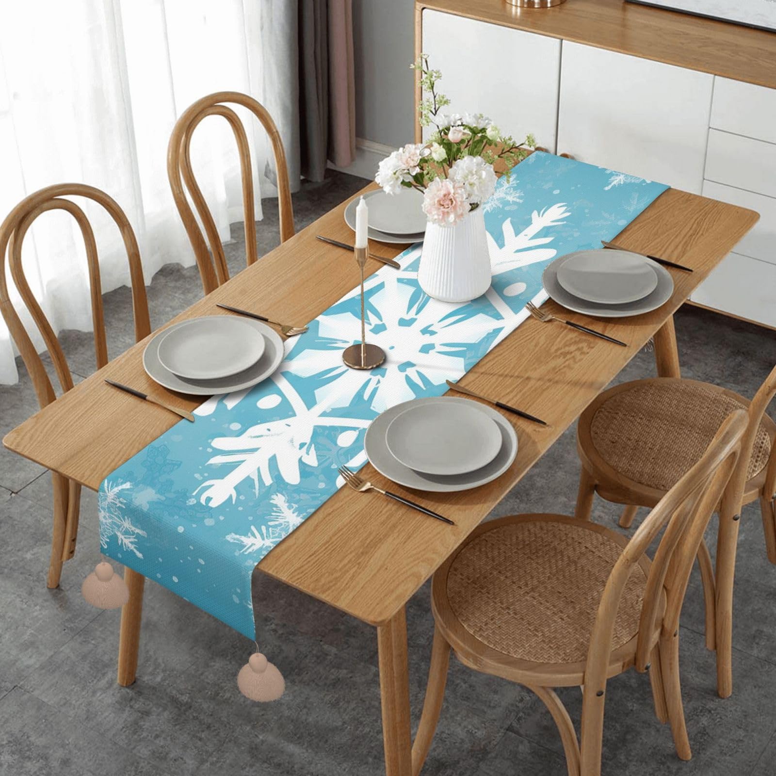 Chemin de table rustique flocons 35x152 cm avec pompons pour décoration de Noël