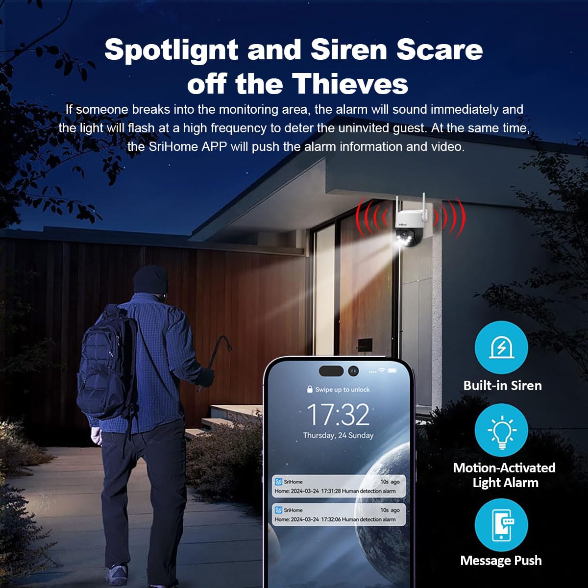 SRIHOME 8MP 2.4/5GHz PTZ telecamera di sorveglianza WiFi esterna 3X elettronico Zoom Monitoraggio Automatico Rilevamento Umano Audio Visione Notturna bidirezionale