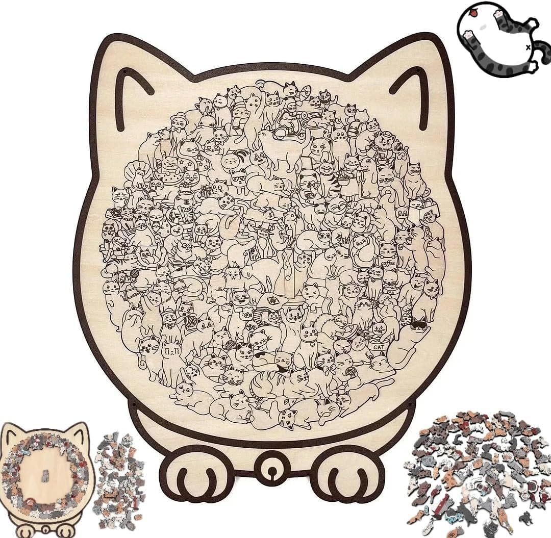 135-Piece Colored Cat Shaped Wooden Jigsaw Puzzle, Cats Shaped Wooden Puzzl e, Unique Animal Shape Wood Puzzle, Creative Gifts for Cats Lovers, Home Decor (D)