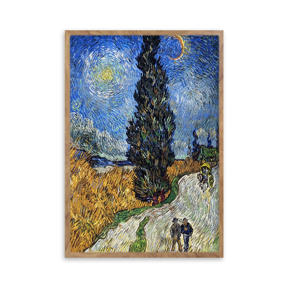 手書き油絵 ゴッホ 糸杉と星の見える道 額付 肉筆絵画 インテリア 油彩画 秀作 手書き油絵 ゴッホ 糸杉と星の見える道 額付 絵画