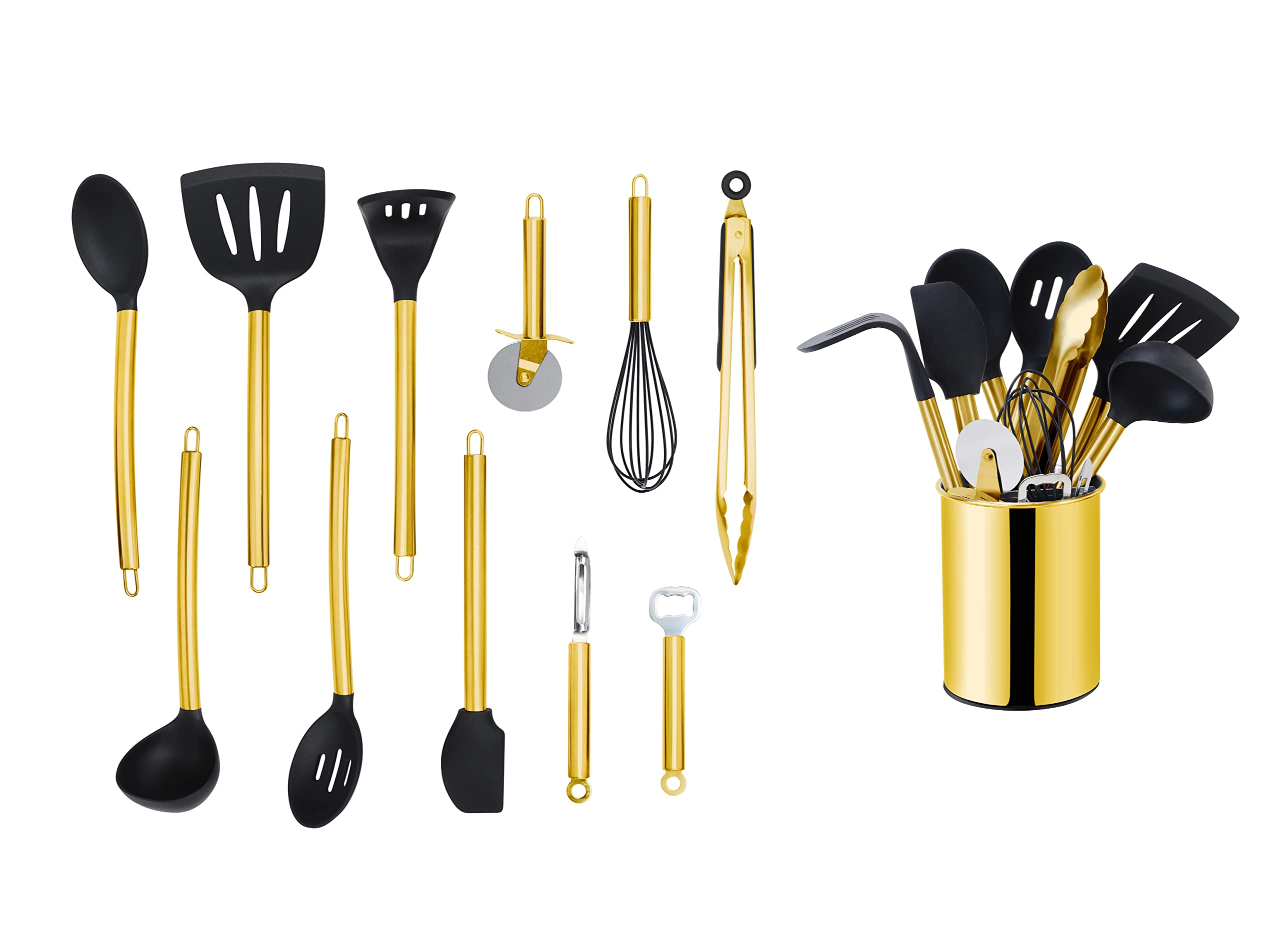 ECHTWERK Utensili da cucina, Set di 12 utensili da cucina, Utensili da cucina con manico in acciaio inox, Portautensili, Ausili domestici in silicone antiaderente, Edizione oro, EW-KS-1202G
