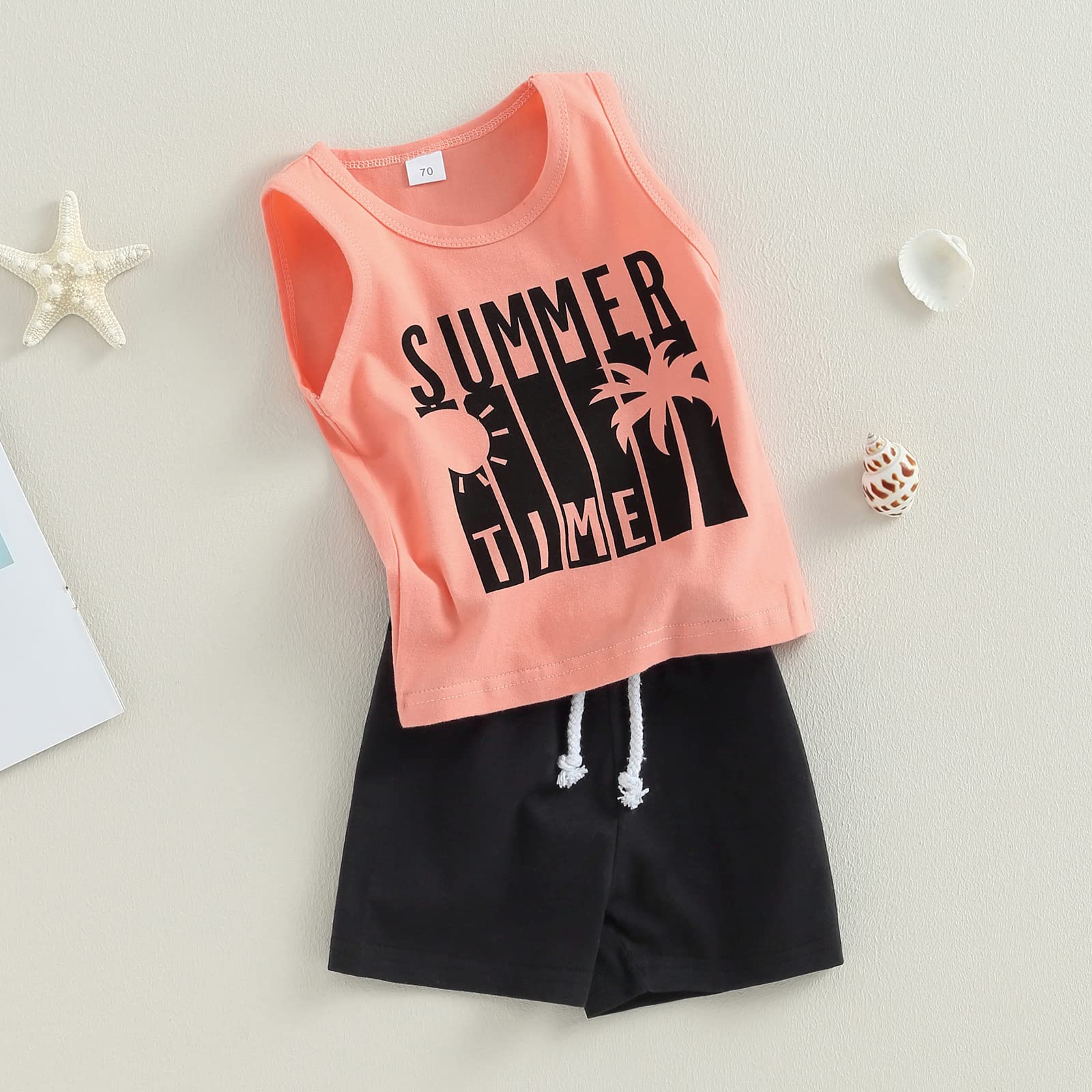 BULINGNA Toddler Boys 2Pcs Summer Outfits Sleeveless Letters Print Tank Tops + Drawstring Shark Shorts Beach Clothes Set (Orange Pink, 18-24 Months)