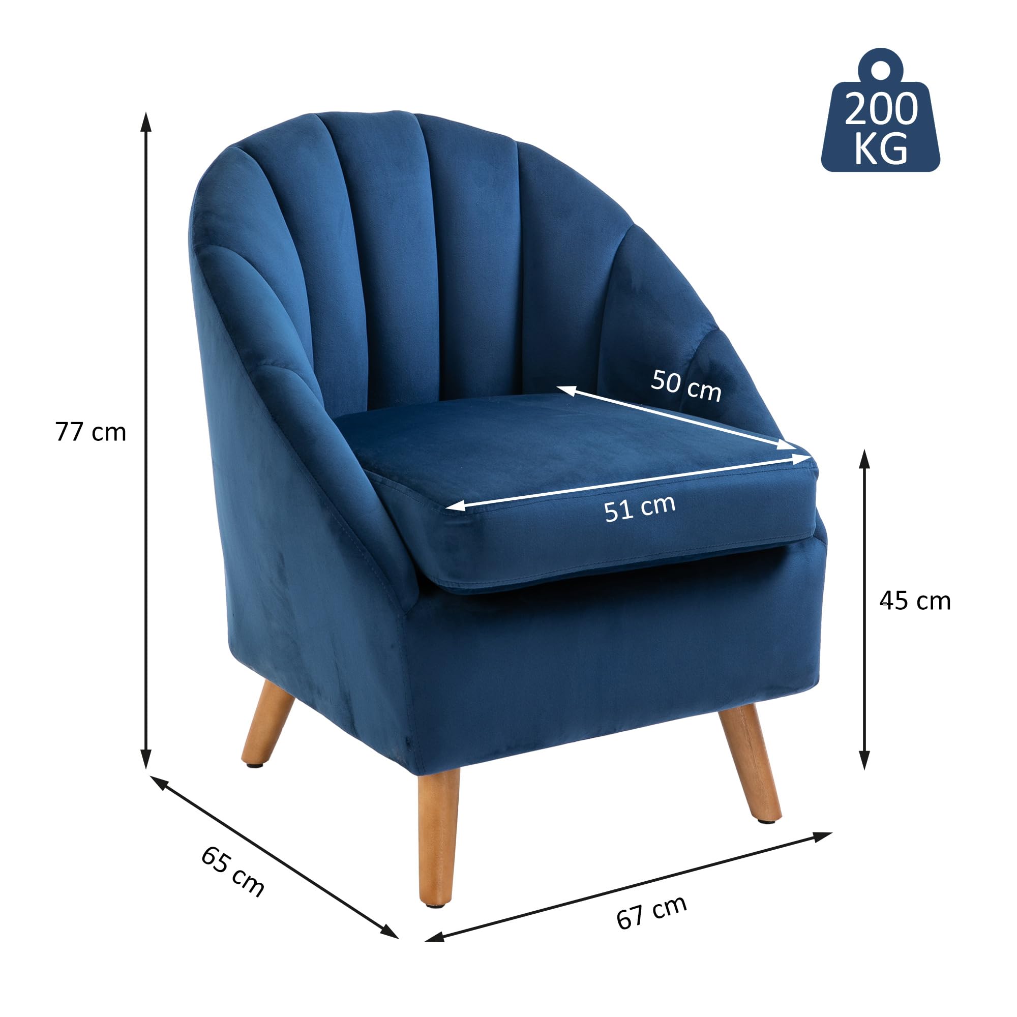 HOMCOM Poltrona Salotto Imbottito in Velluto, Poltroncina Camera da Letto con Imbottitura Spessa, Gambe in Legno di Caucciù, per Soggiorno e Sala da Pranzo, 67x65x77cm, Blu