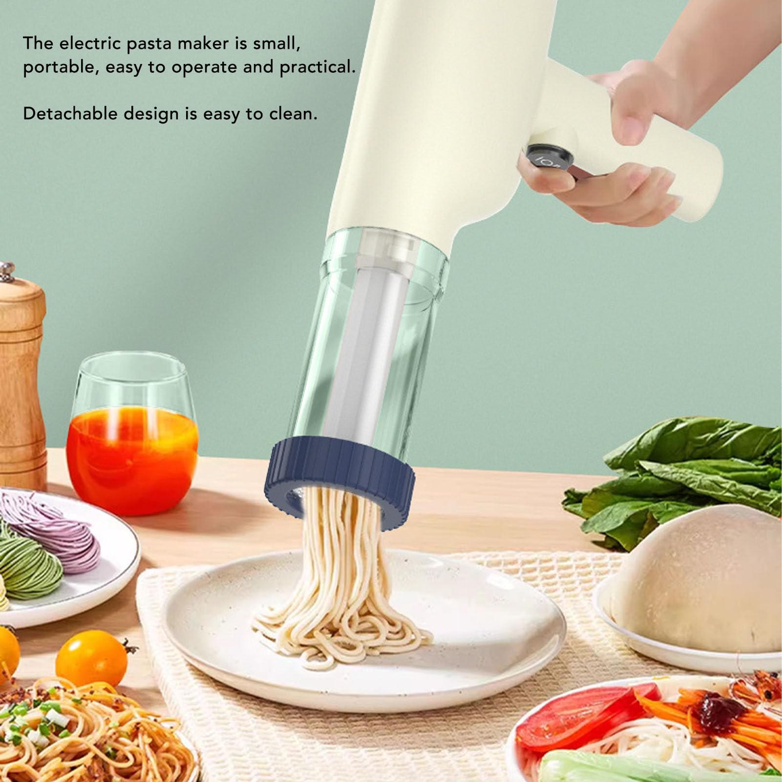 Tnfeeon Máquina para Hacer Pasta Eléctrica de Mano, Máquina para Hacer Fideos Portátil Inalámbrica con Batería Recargable de 1500 MAh, Motor de 40 W, 6 Discos Moldeadores para Cocinar en Familia,