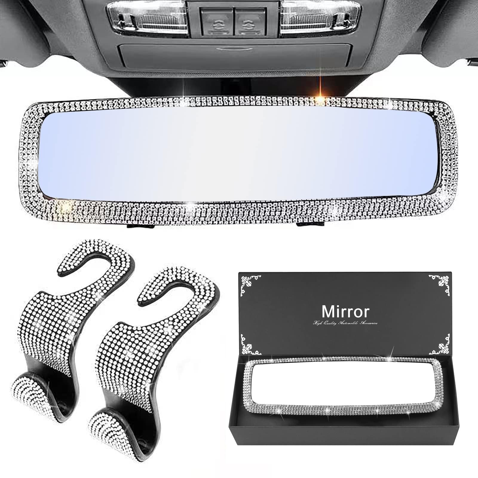Huazzzyi Bling Rear View Mirror and 2 Pack Car Seat Hooks with Crystal Diamonds, Bling Car Interior Trim Decor Silver Rear View Mirror Diamonds for Women ＆ Girls
