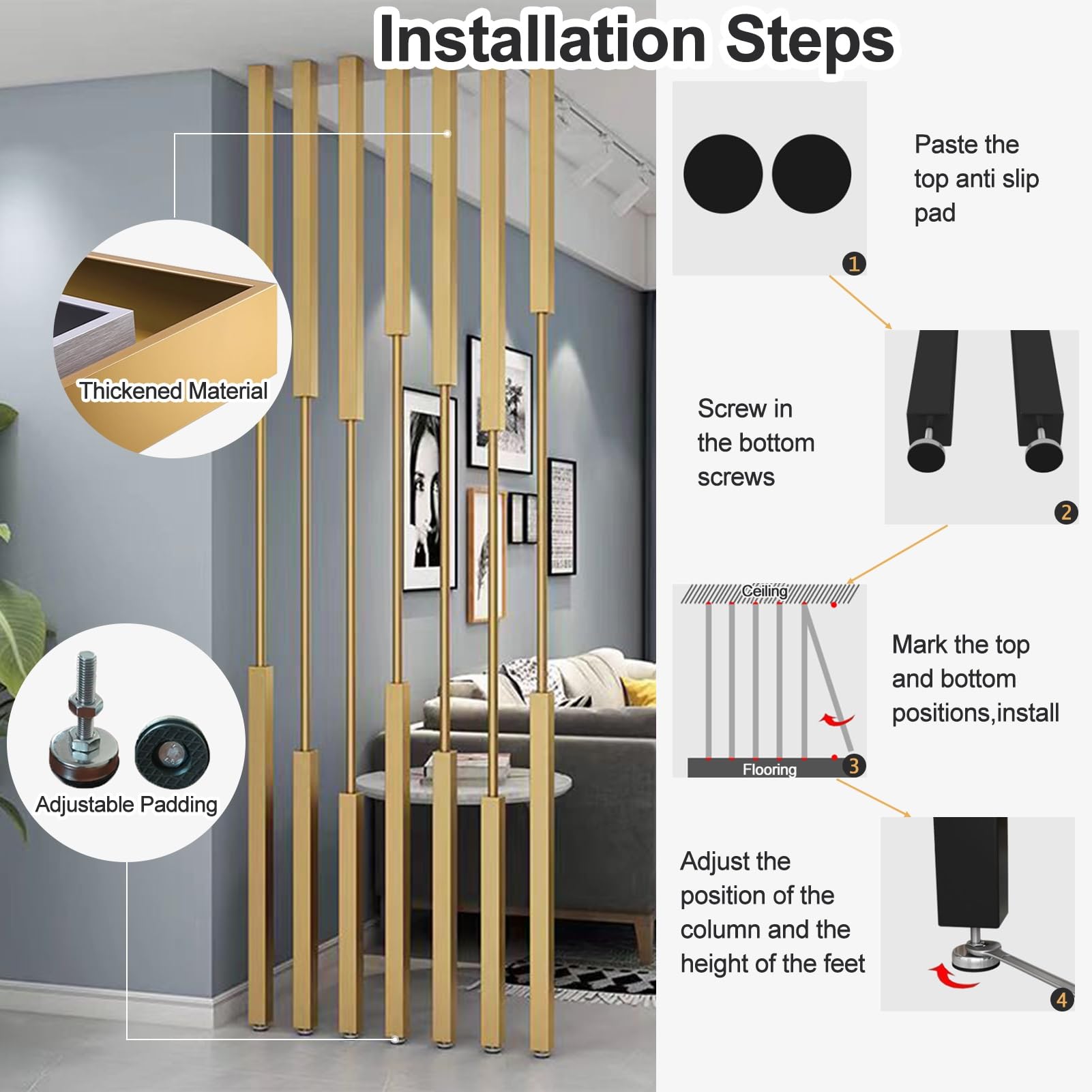 Separadores de habitación de metal, pantallas de privacidad de suelo a techo para decoración de oficina, balcón y entrada