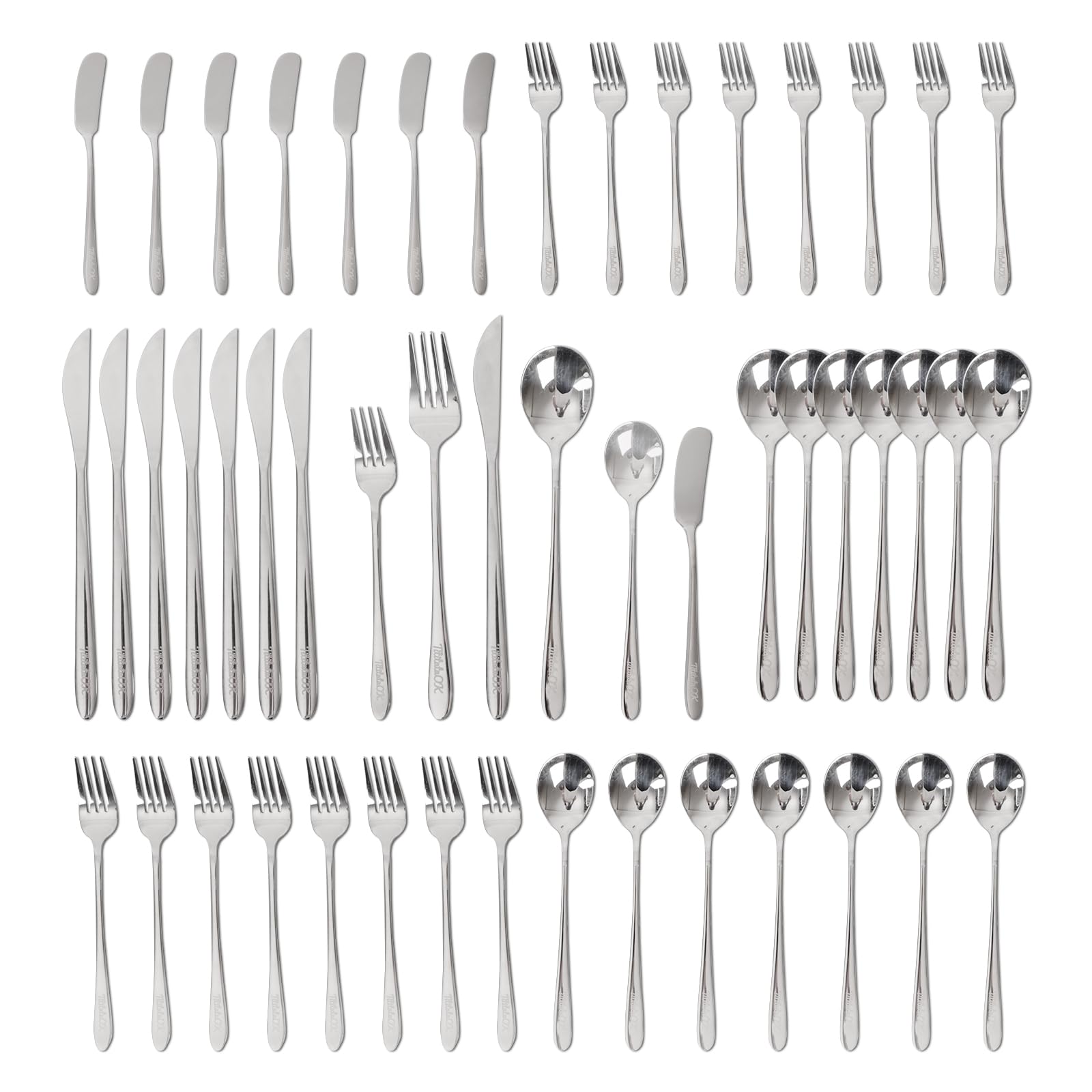 Set de couverts en acier inoxydable 18/8 de qualité supérieure, 48 pièces, couteaux, fourchettes, cuillères, cuillères à dessert, couteau à beurre, poli brillant, argenté (ensemble de 48 pièces)