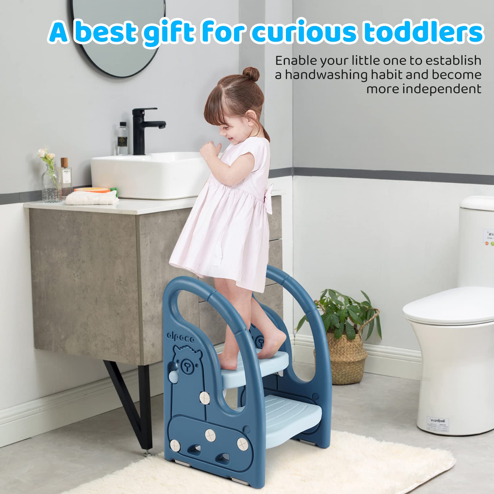 Onasti Sgabello per bambini per lavandino del bagno, regolabile a 2 gradini per bambini con maniglie, sgabello per WC per addestramento al vasino, scala in plastica, sgabello per bambini, per camera
