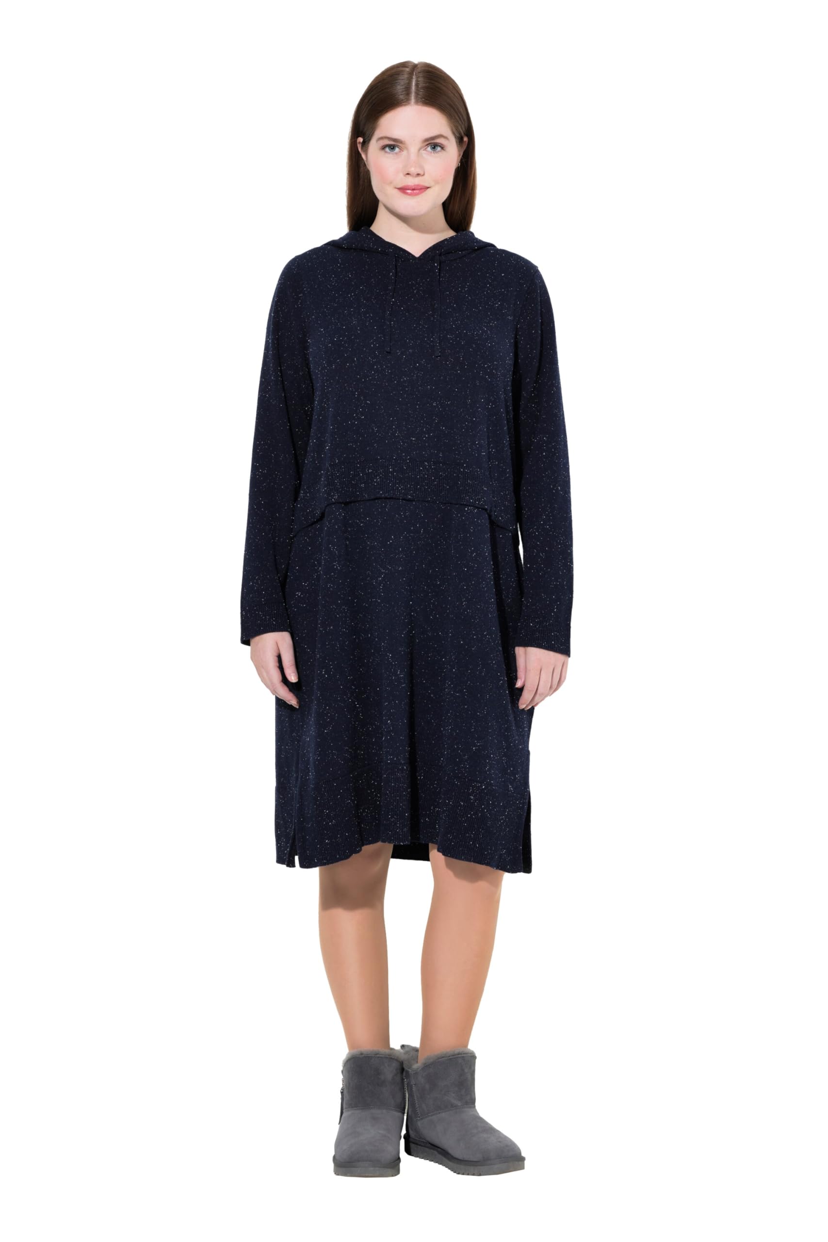 Ulla Popken Damen große Größen Übergrößen Plus Size Strickkleid, Noppen, Kapuze, Langarm, Biobaumwolle 822408