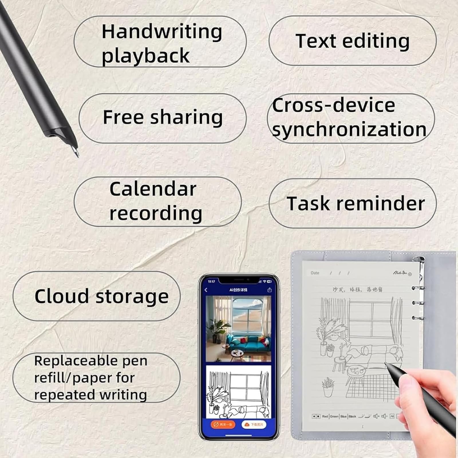 Xnote - Ai-Powered Smart Writing Set, Xnote Intelligente Notizbücher & Stifte mit Echtzeit-Synchronisation, Grafiktablett für Laptop, kabelloses Bluetooth Digitales Notizbuch für Notizen, Meetings