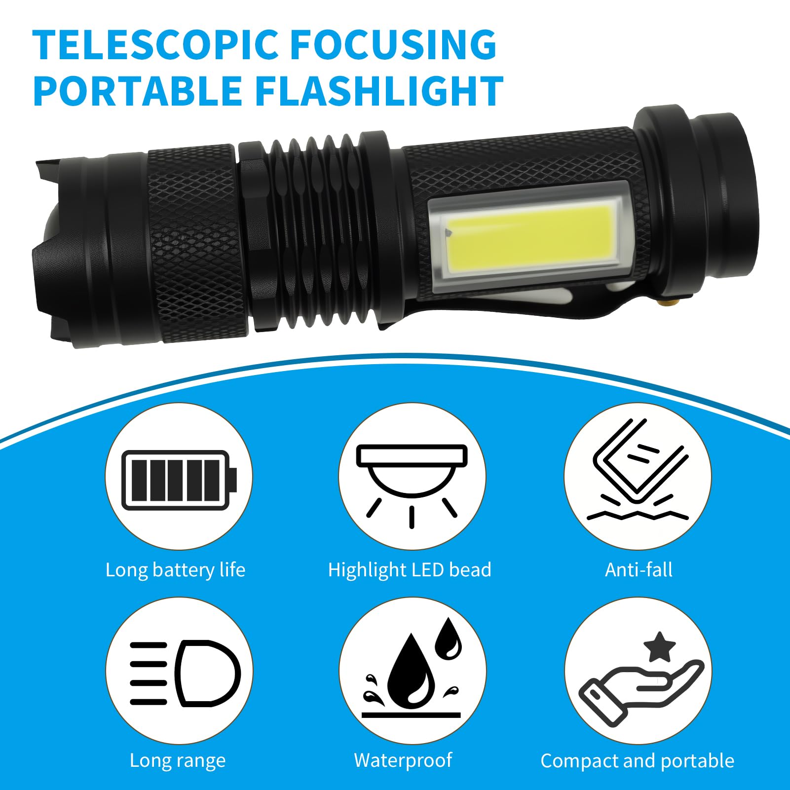 Mini linterna LED, linterna táctica con zoom de alto lúmenes, linterna compacta alimentada por una sola batería para camping, senderismo, emergencias, aventuras al aire libre, uso doméstico, luz de