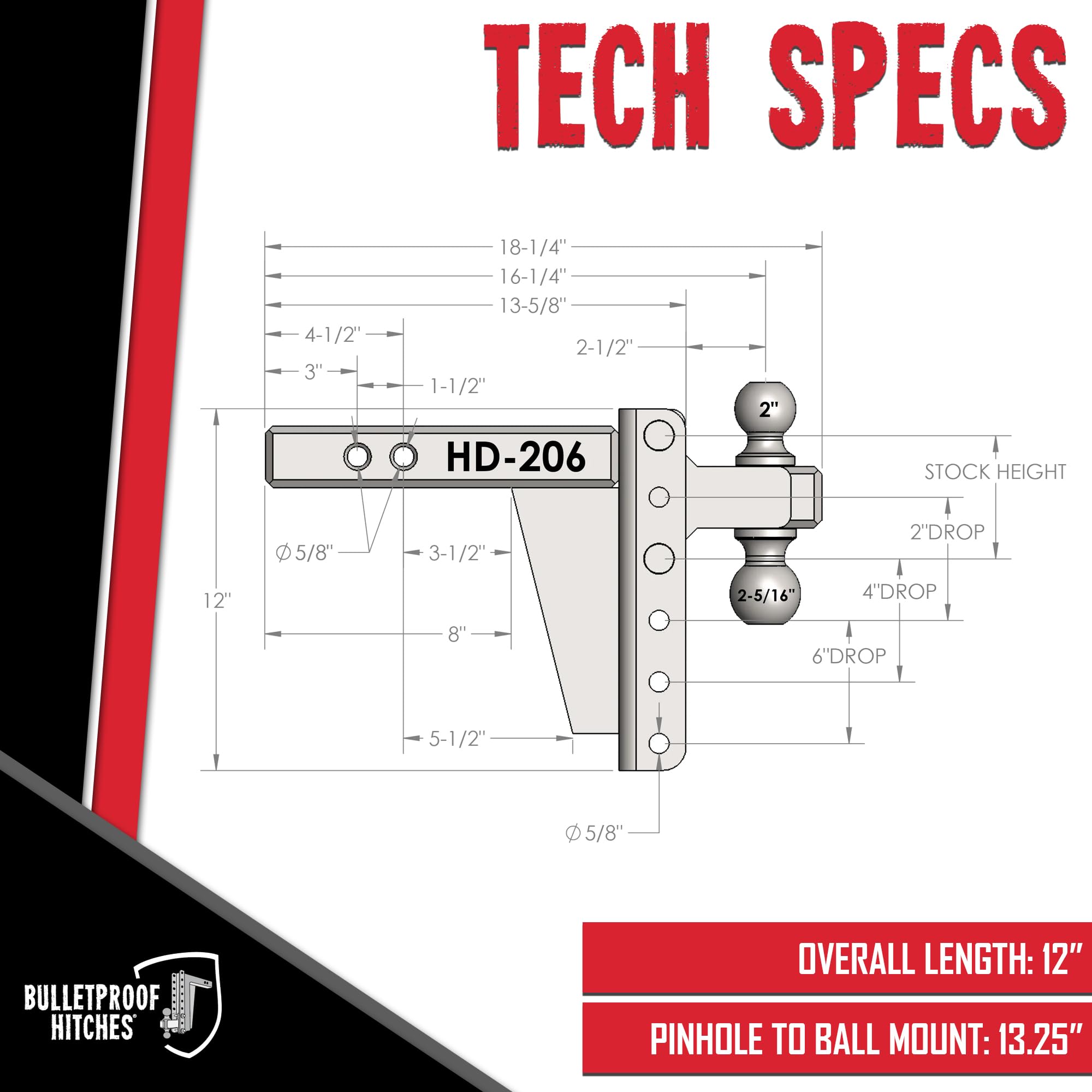 BulletProof Hitches Gancio Rimorchio Regolabile - 15,2 Cm Con Doppia Sfera 5,1 E 6,5 Cm, Capacità 10 Kg, Acciaio Nero