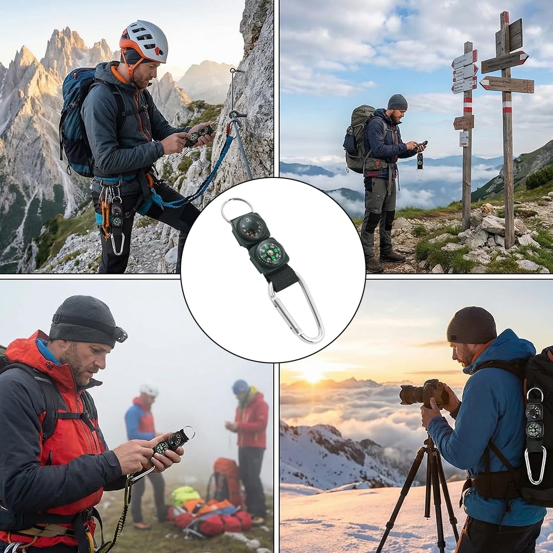 Portachiavi Bussola con Termometro Strumento Multifunzionale per Outdoor con Moschettone per Escursioni, Campeggio e Avventure