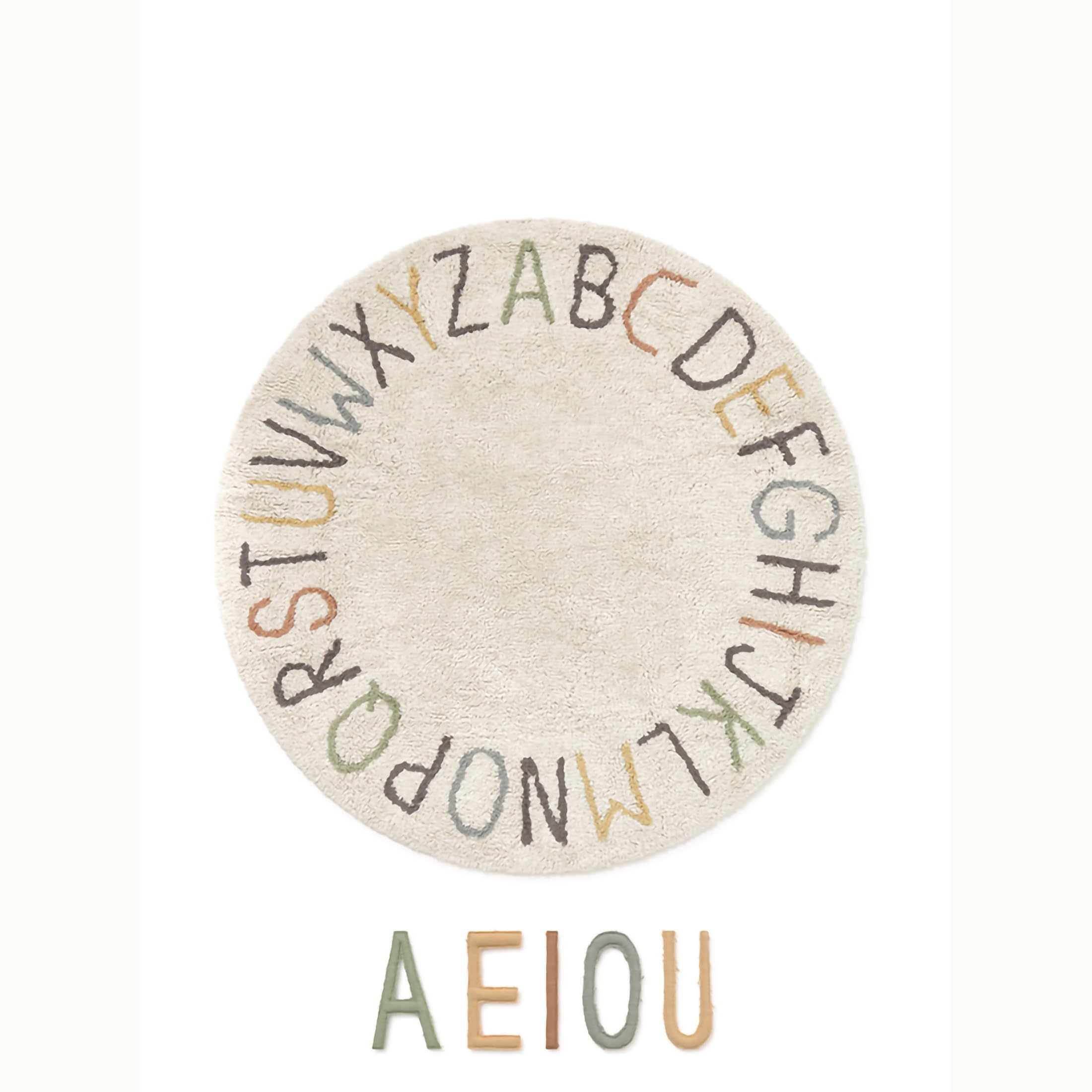 Lorena Canals Alfombra de Juego Lavable Infantil de algodón Abecedario de Colores para Dormitorio guardería, Ø 120 cm