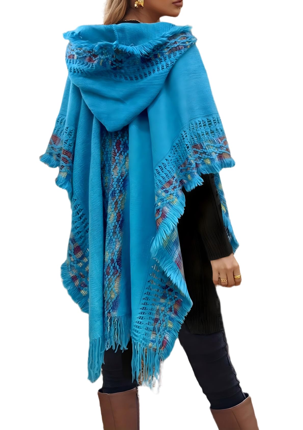 JYAOVO Women Fall Winter Boho Buffalo Poncho Pashmina Shawl Wrap Cape Hooded Sweater Knitting Cardigan with Tassel