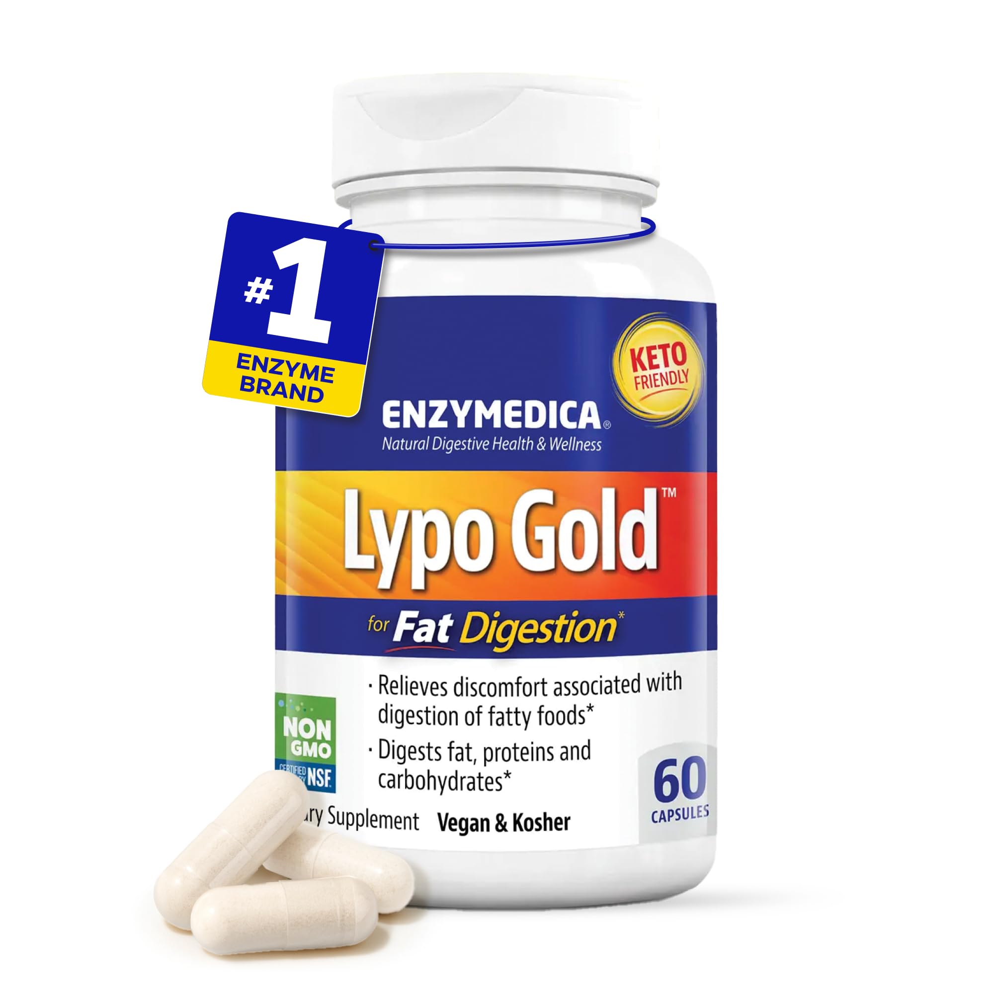 Enzymedica Lypo Gold, High Potency Lipase Digestive Enzymes for Fat Digestion, Supports Occasional Bloating Relief & Digestive Health, Keto-Friendly, Vegan, 60 Capsules
