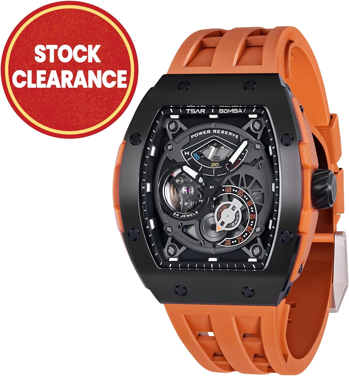 TSAR BOMBA Mens Watch Automatic Mechanical Movement Chronograph Original Design 50M Water Resistance with Tonneau Stainless Steel case and Silicone Strap Unique Fashion Gift for Men