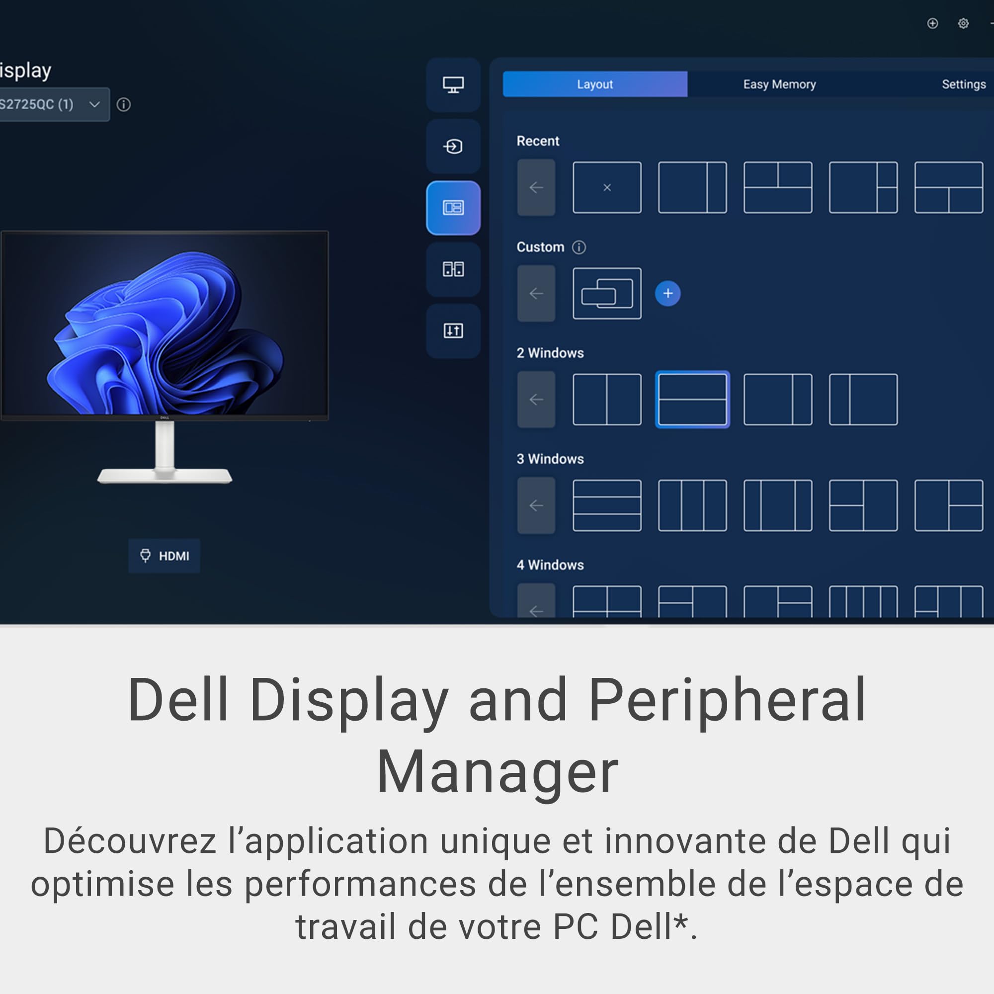 Dell 27 Plus USB-C Écran PC - S2725QC, 4K UHD (3840x2160), 120Hz, IPS, 4ms, AMD FreeSync Premium, 99% sRGB, Réglage en Hauteur, Haut-parleurs intégrés, 2 USB-C, 2 HDMI, 2 USB, Garantie 3 Ans