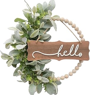 Green Wreath for Front Door, Wood Bead Wreaths with Artificial Lambs Ears Leaves, Hello and Welcome Door Sign Wreath for Home Decor, Spring Summer Green Leaf for Wedding Decor