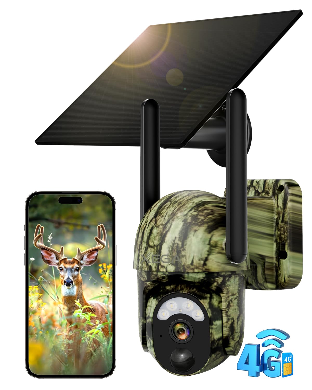 Xega 4G LTE Zonne-energie Wildcamera - 2K PTZ Camera Met SIM Kaart Kleuren Nachtzicht Pir Detectie Live Streaming Ip66 Waterdicht Cloudtf Opslag