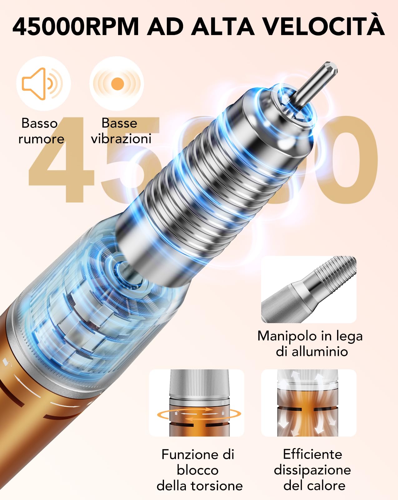 HOMEASY Fresa Elettrica per Unghie Professionale 45000 Giri 45 Velocità con Pedale - 11 Frese per Unghie + 75 Bande, <40dB Silenziosa per Casa e Nail Art