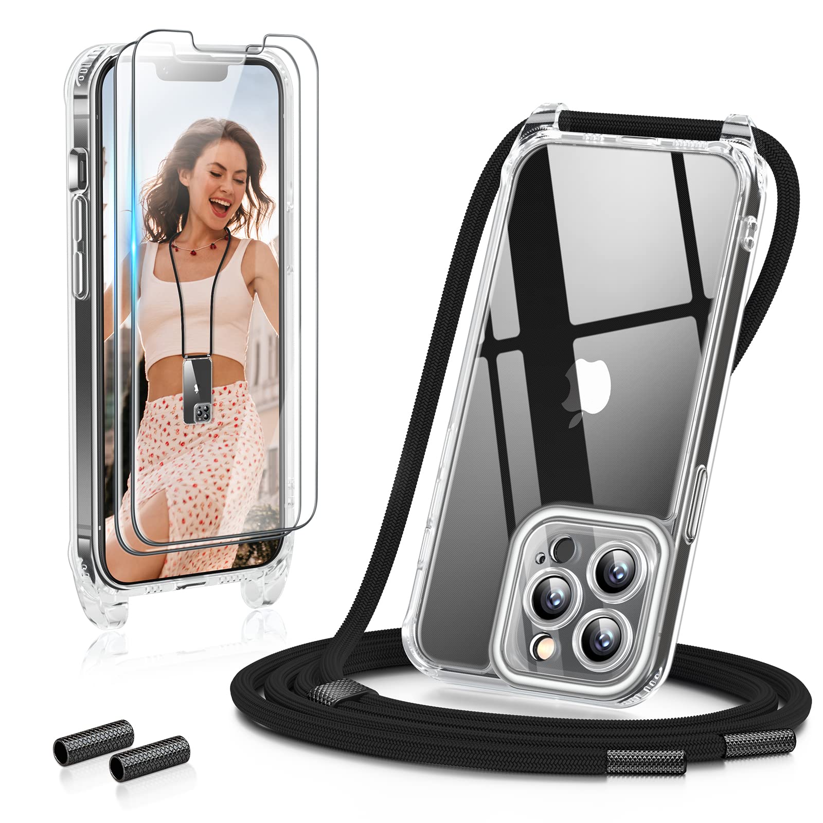 GOODVISH Cover per iPhone 13 Pro con Cordino 6.1'', con 2 Pezzi di Pellicola Protettiva, Trasparente Custodia con Regolabile Laccio Tracolla, [Antiurto] [AntiGraffio] Case con Collana, Nero